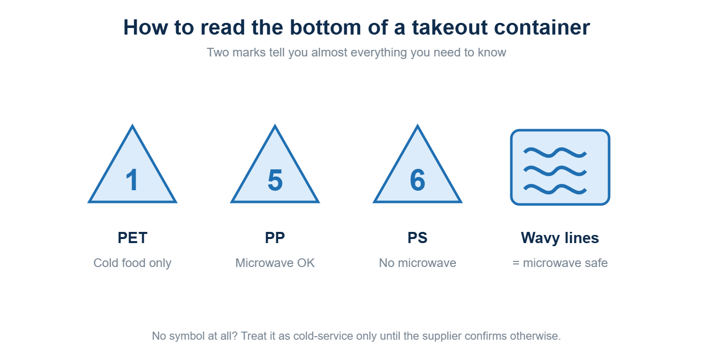 Diagram showing resin codes 1, 5 and 6 and the wavy-lines microwave safe symbol on takeout containers