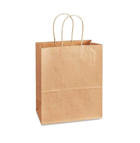 Brown twisted-handle paper bag, a checkout-ready alternative to plastic t-shirt bags