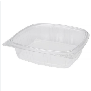Clear 16 oz PET hinged takeout container, a cold-service option that is not microwave safe